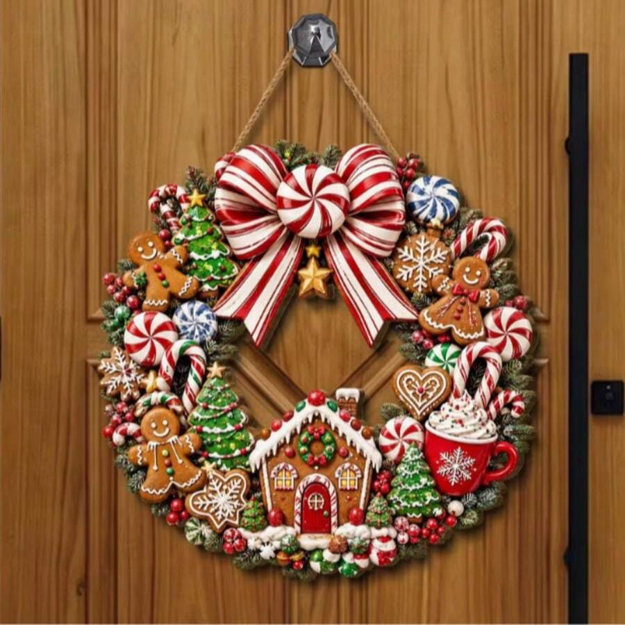1pc Gingerbread Man Christmas Wreath Door Hanger, Candy Cane Gingerbread House Xmas Front Door Wreath, Winter Holiday Wall Porch Decor - A - View 1