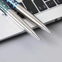 1pc Metal Ballpoint Pen With Black Ink, Silver Barrel And Blue-Green Star Pattern Cap, Smooth Writing, Fashionable Business Gift Pen, Suitable For Students And Office Workers Daily Writing - 3010Q - View 5