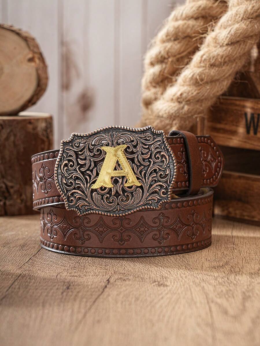 1pc Western Cowboy Style Belt With Letter Embossed Metal Buckle, PU Leather Embossed Belt, Unisex (Includes 1 Hole Puncher) - Coffee Brown - View 1