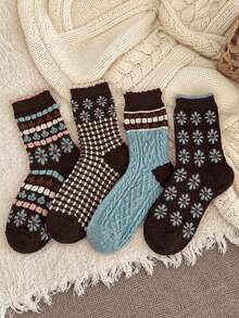 3 Pasang Kaos Kaki Ruffle Bunga Musim Gugur/Dingin Vintage, Gaya Akademi Jepang, Kaos Kaki Fleece Hangat Serbaguna dengan Renda Setinggi Betis - MultiWarna - View 5
