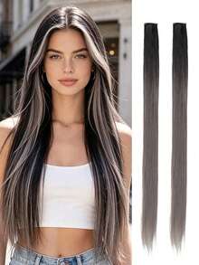 2pcs Ombre Golden Clip-In Hair Extensions, 24 Inch Long Straight Hair, Cosplay Halloween Party Christmas New Year Gift For Women Girls - Multicolor - View 13