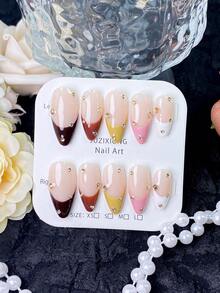 10 Pieces Of Handmade Press On Nails,Nails,Fake Nails,Short Nails,Fall&Winter Nails,Press On Nails Acrylic,Nude Base Multi-Color French Tip With Gold Rhinestone Embellishment,For Brunch & Birthday Party, For Sweet Preppy Girls - Follow Your Heart - View 2