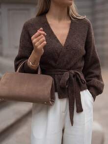 Women's Fashion Brown Tie-Front Cardigan Sweater, Overlap Collar Long Sleeve, Autumn/Winter Wardrobe Essential - Brown - View 1
