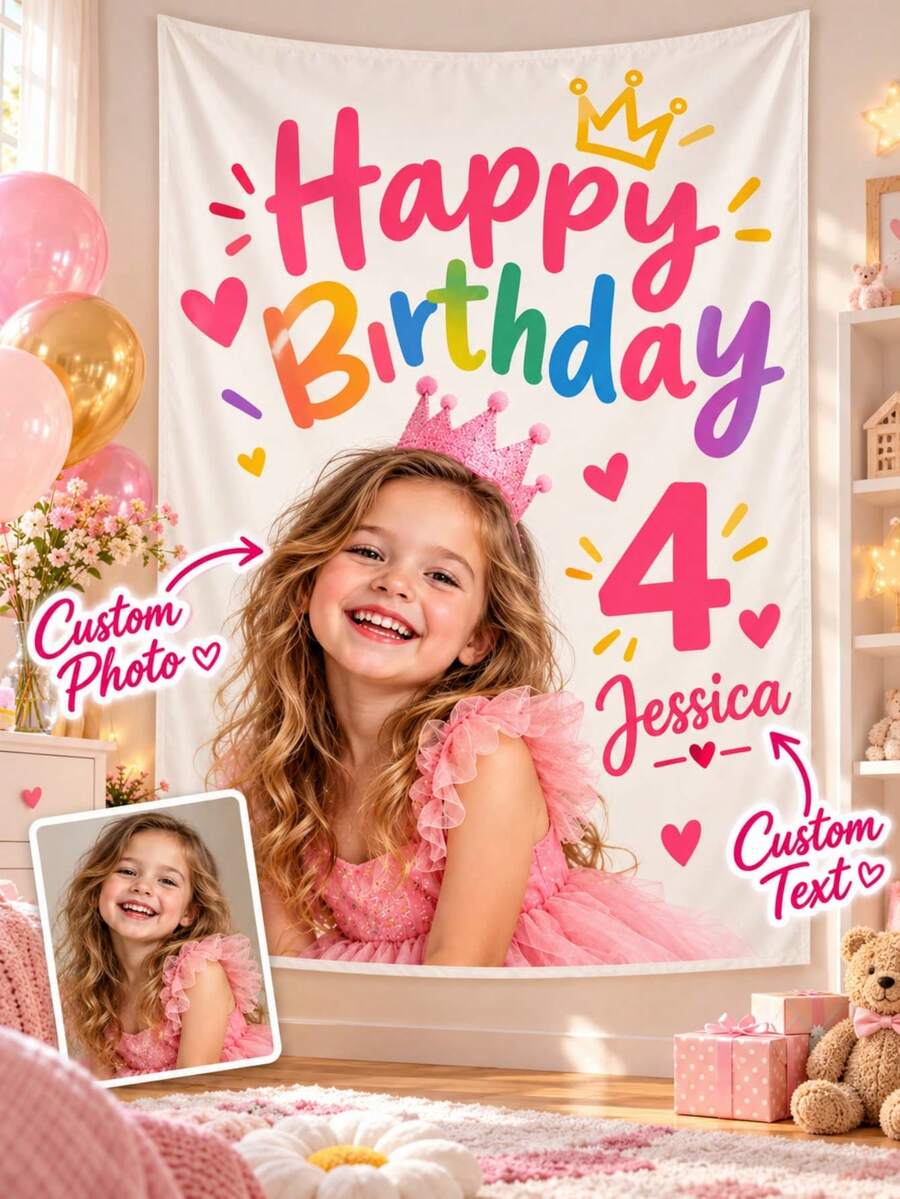 Customized Birthday Tapestry, Personalized Children's Photo Backdrop, Happy Birthday Party Wall Decor Banner, Supports Custom Photos And Text, Rainbow Birthday Decoration, Name And Number Design, Smooth Polyester Fabric Tapestry, Suitable For Bedroom And Party Decoration - Multicolor - View 1