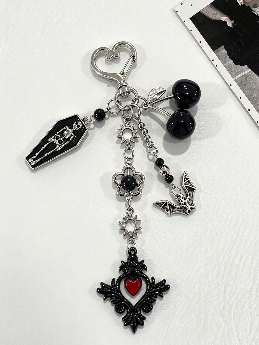 1pc Dark Sweet Cool Personalized Coffin Bat Heart Keychain Cherry Bag Charm Accessory Key Ring - Multicolor - View 1