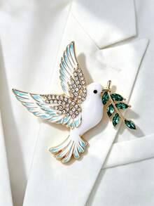 Vintage Enamel Rhinestone Peace Dove Brooch, Bird With Olive Branch Lapel Pin, Elegant Suit Dress Decorative Brooch Jewelry Gift - Green - View 2