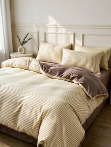 2/3pcs Floral, Striped & Plaid Pattern Duvet Cover Set, 1 Duvet Cover & 1/2 Pillowcases (No Filling), Soft & Breathable Washable Fabric, Suitable For Double, Queen, King Size Beds, Machine Washable - Mocha Brown - View 1