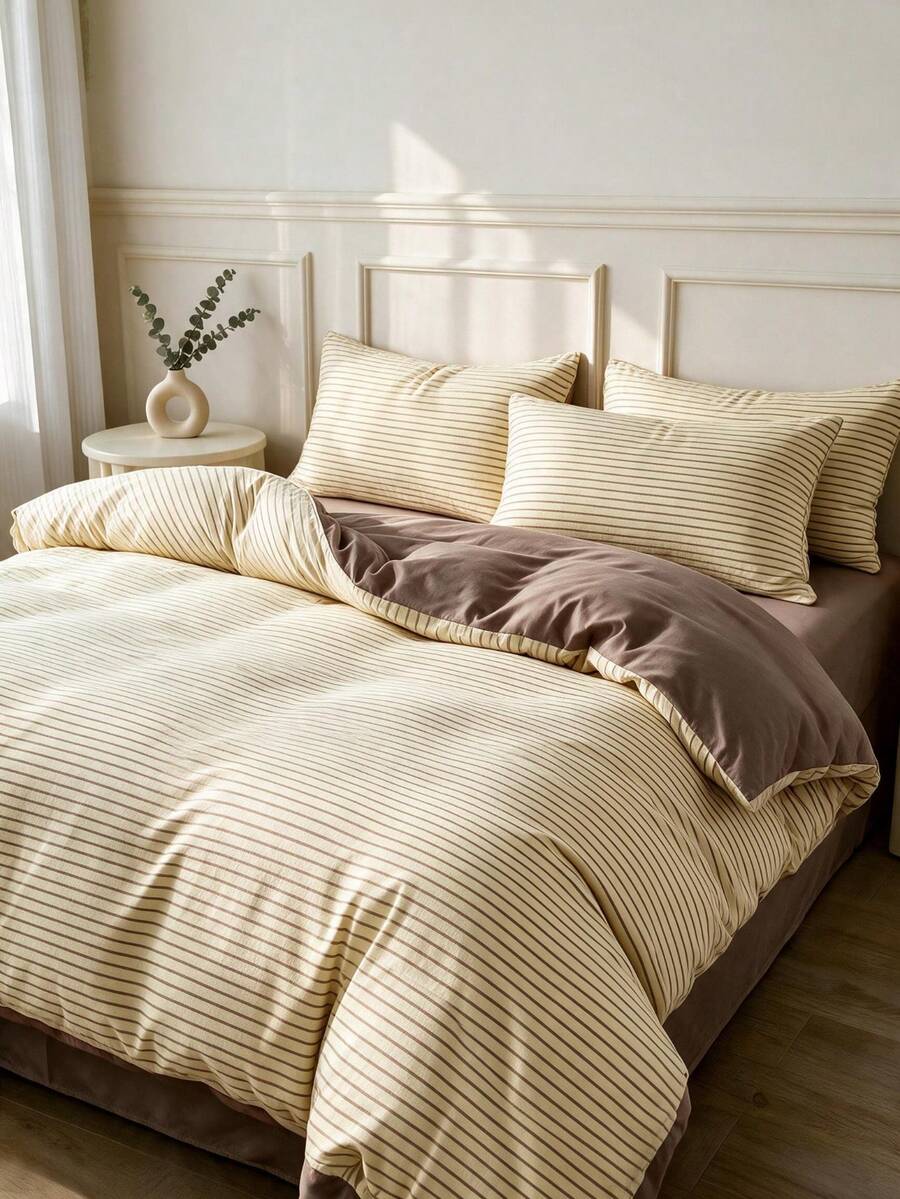 2/3pcs Floral, Striped & Plaid Pattern Duvet Cover Set, 1 Duvet Cover & 1/2 Pillowcases (No Filling), Soft & Breathable Washable Fabric, Suitable For Double, Queen, King Size Beds, Machine Washable - Mocha Brown - View 1