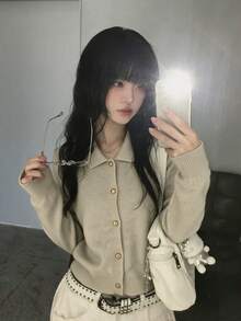 Korean Style Solid Color Collared Long Sleeve Knit Cardigan Women's Winter Loose Sweater Jacket Gentle Style Versatile Top - Apricot - View 2