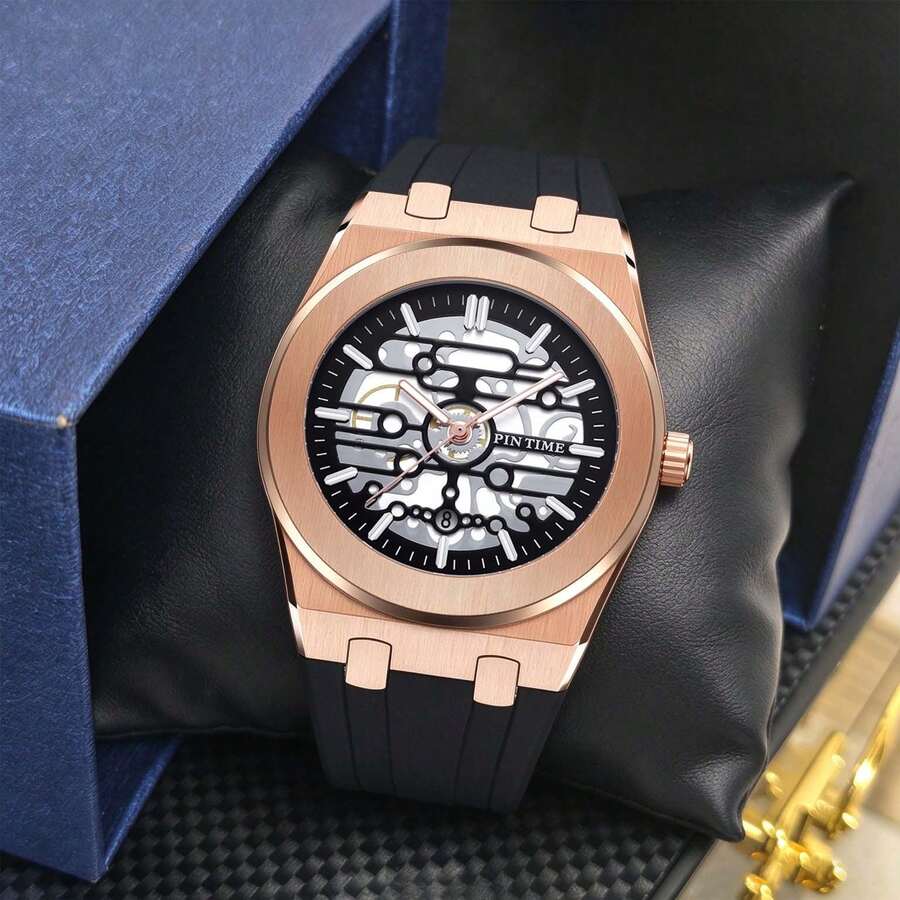 Jam Tangan Pria Bentuk Bulat dengan Tali Silikon, Model Mekanik Berongga, Kalender, Penanda Angka Batang Bercahaya, Jam Tangan Dekoratif yang Dipersonalisasi - Satu-Ukuran - View 1