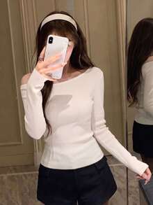Asymmetrical Shoulder Asymmetric Knit Long Sleeve Slim Fit Flattering Solid Color Top For Women, Spring/Autumn, Sweet & Spicy Style - White - View 3