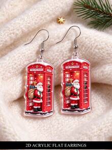 Anting Gantung Akrilik Santa Claus Bentuk Bilik Telepon Merah Datar 2D, Perhiasan Bertema Natal, Hadiah Kreatif - Santa Claus di dalam Bilik Telepon - View 5