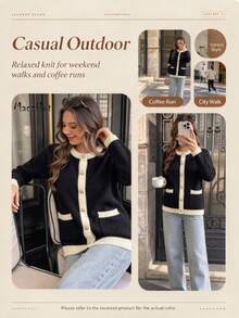 Plus Size Women Fall Winter Contrast Color Knit Cardigan, Round Neck Gold Button Pocket Sweater, Slim Casual Commute Shopping Outwear - Black - View 7