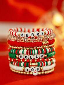 10pcs Minimalist Fashion Christmas Theme Multi-Element Letter Decor Crystal Soft Clay Beaded Bracelets, Stackable Multi-Layer Elastic Friendship Bracelets, Suitable For Women's Daily Wear, Holiday Gifts, Party Jewelry Set - Multicolor - View 3