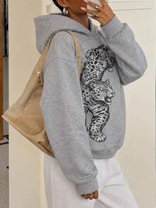 Autumn Streetwear Cheetah Graphic Top For Women Concert Wear Grey Long Sleeve Sweatshirt For Going Out For Back To School - Grey - View 1