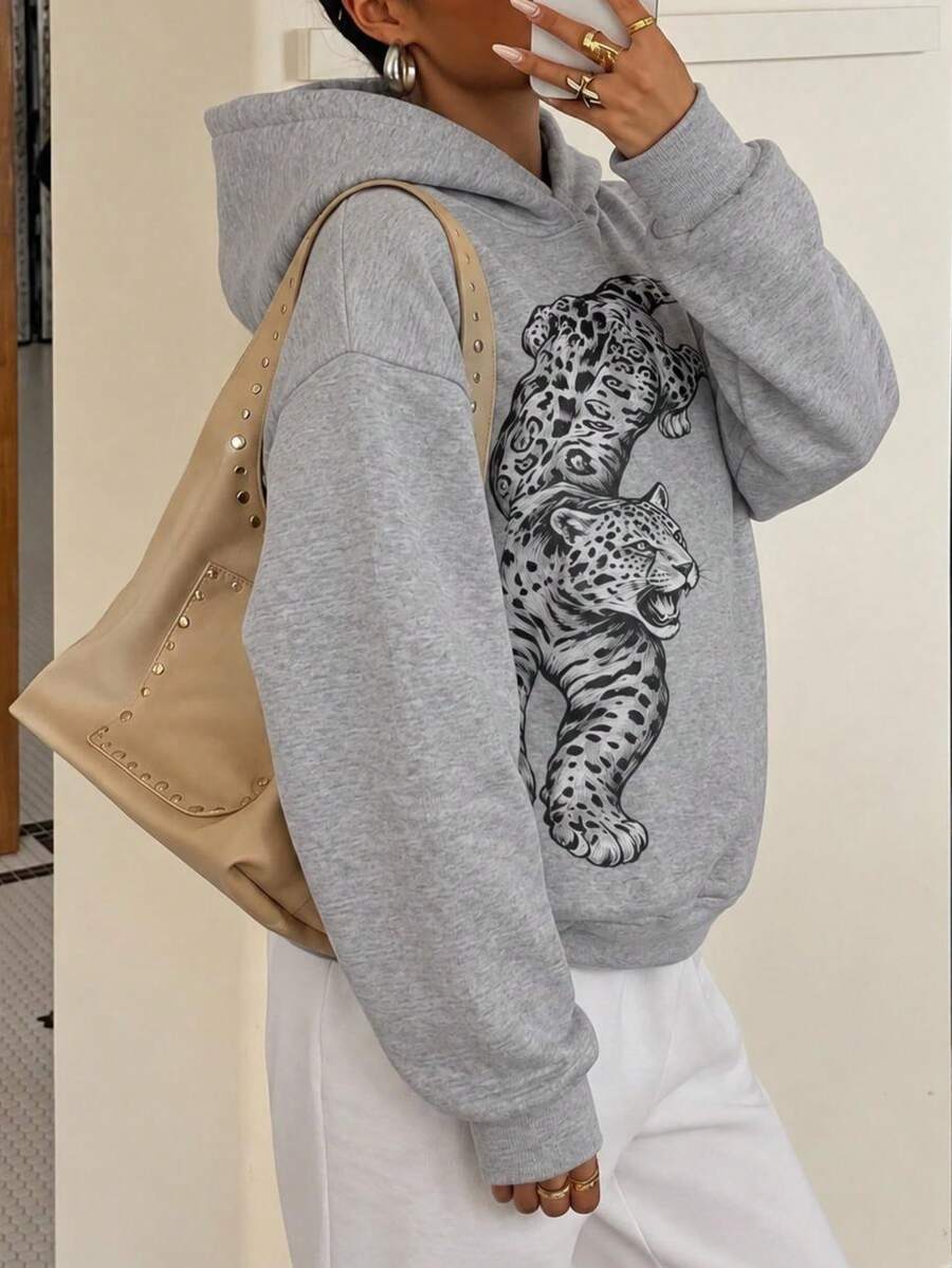 Autumn Streetwear Cheetah Graphic Top For Women Concert Wear Grey Long Sleeve Sweatshirt For Going Out For Back To School - Grey - View 1