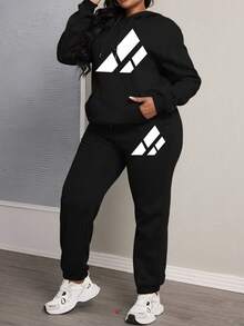 Women's Plus Size 2 Pieces Pajama Set, Geometric Print Long Sleeve Hoodie & Sweatpants Set, Suitable For Home Wear, Black Hoodie Set, Also Suitable For Outdoor Sports And Winter Wear - Black - View 2