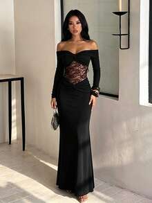 Autumn Black Off Shoulder Lace Dress, Women's Elegant Dress For Homecoming, Party, Date - Black - View 3
