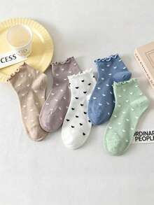 5/1 Pasang/Set Kaos Kaki Pendek Wanita Motif Hati & Pita dengan Hiasan Ruffle, Bernapas & Nyaman, Cocok untuk Semua Musim - MultiWarna - View 2