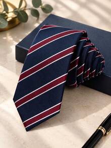 1pc High-Density Woven 7cm Navy Blue & Burgundy Diagonal Stripe Business Tie, Unisex - Navy Blue and Burgundy Stripes - View 1