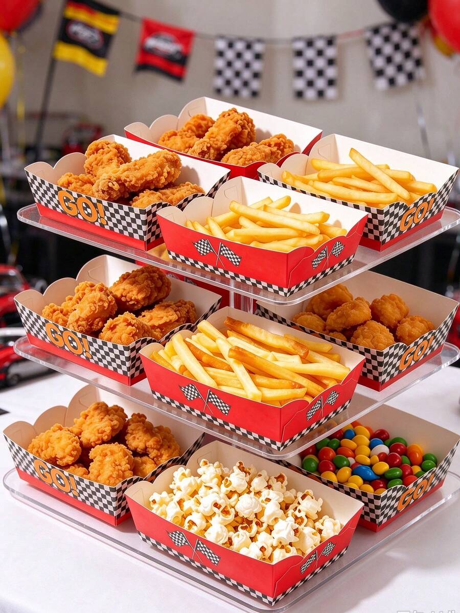 6pcs Racing Theme Paper Food & Snack Trays, Racing Theme Birthday Disposable Tableware Set, Racing Flag Style Paper Plates, Snack Trays, Food Containers, Baking Trays, Popcorn Boxes, Suitable For Racing Theme 1st Birthday Party Decoration, Fan Gathering, Wedding, Baby Shower, Party Gift Box, Party Supplies