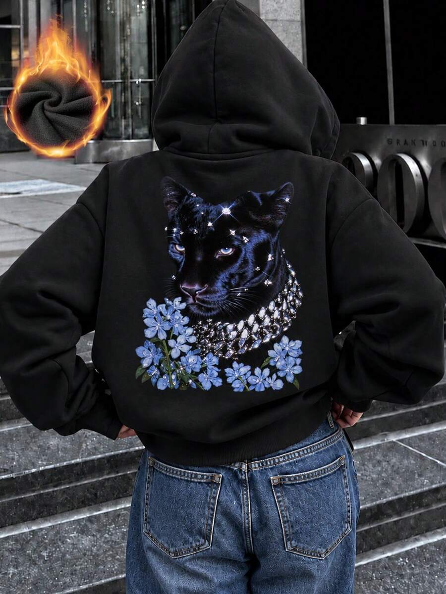 Autumn/Winter New Women's Minimalist Fashion & Floral Print Hooded Fleece Sweatshirt, Casual Versatile Suitable For Home, Outdoor Daily Wear - Black - View 1