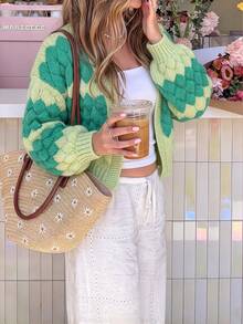 Just Masa Women's Autumn/Winter Casual Colorblock V-Neck Knit Cardigan, Loose Long Sleeve Ribbed Knit Jacket, Suitable For Daily Wear, Outings, Halloween, Travel - Green - View 11