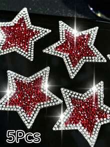 5Pcs Silver Red Five-Pointed Star Rhinestone Hotfix Transfer, Hot Iron-On Applique, Unisex Clothing Accessories, Creative Personalized DIY Patch, Suitable For Clothes, Shoes, Hats, Jeans, Bags, Etc. - Pentagram - View 13