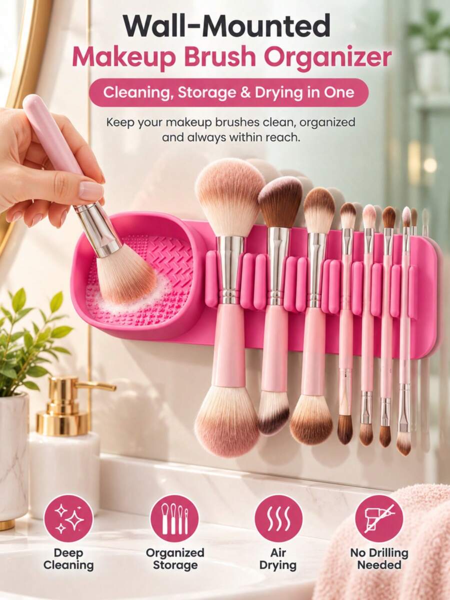 1pc--Suction Cup Wall-Mounted Silicone Makeup Brush Holder--Makeup Brush Drying Rack And Storage Organizer Suitable For Bathroom, Vanity And Shower - Flexible And Easy To Install, Multiple Colors Available - Multicolor - View 1