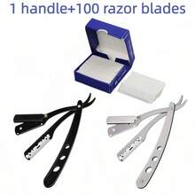 100pcs Half Blades And 1 Manual Barber Razor Holder, Men's Shaving Razor Stainless Steel Frame Straight Edge Razor Beard Trimming Tool - Safety Tazor + Blade - View 2