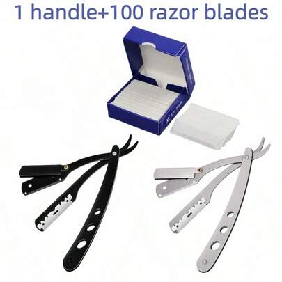 100pcs Half Blades And 1 Manual Barber Razor Holder, Men's Shaving Razor Stainless Steel Frame Straight Edge Razor Beard Trimming Tool