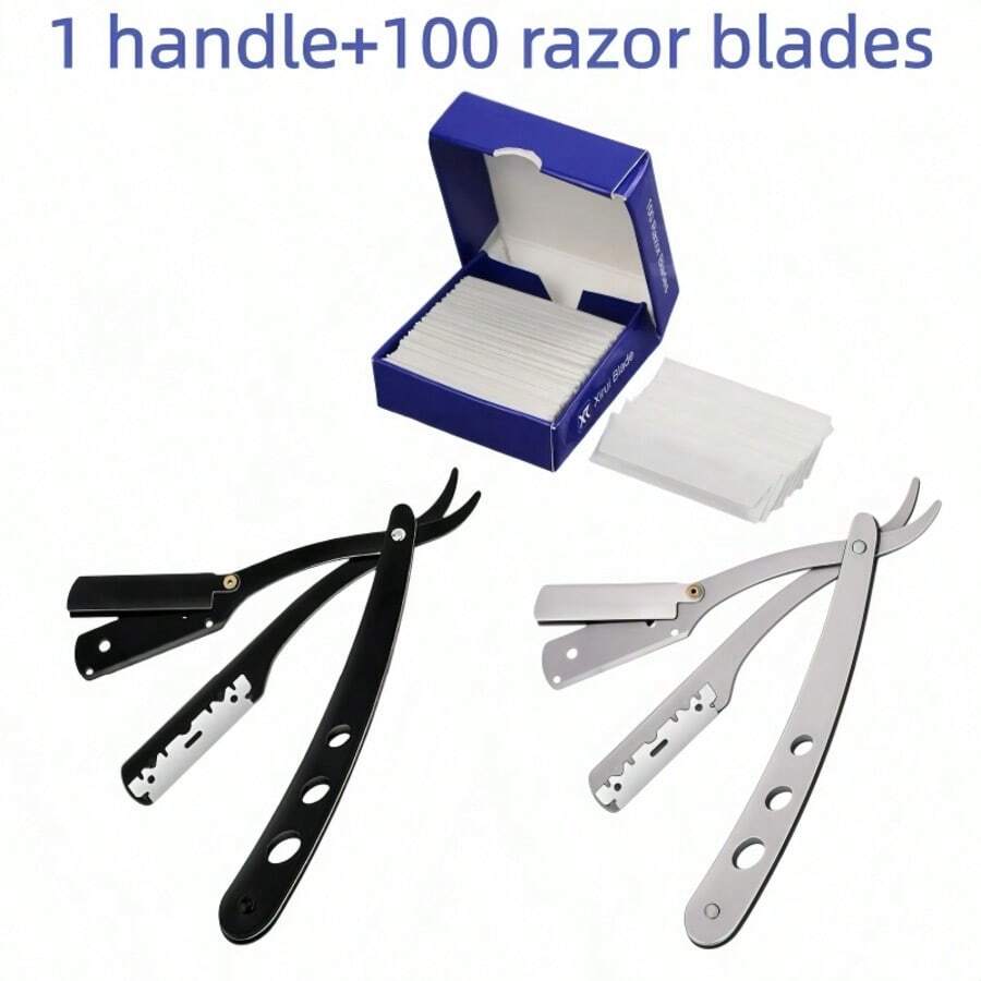 100pcs Half Blades And 1 Manual Barber Razor Holder, Men's Shaving Razor Stainless Steel Frame Straight Edge Razor Beard Trimming Tool