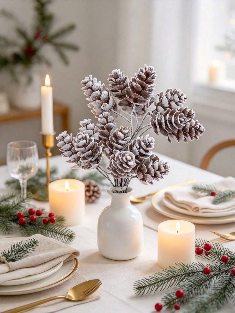 10pcs Christmas Pine Cone Bouquet, Snow-Covered Pine Cone Branches ...