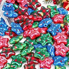 5pcs Christmas Acrylic Star Beads, Plaid & Snowflake Patterns, Large Hole Loose Beads For Jewelry Making, DIY Bracelets, Necklaces, Keychains Craft - Random Color - View 1