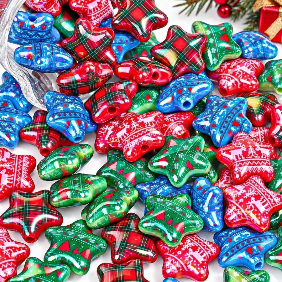 5pcs Christmas Acrylic Star Beads, Plaid & Snowflake Patterns, Large Hole Loose Beads For Jewelry Making, DIY Bracelets, Necklaces, Keychains Craft - Random Color - View 1