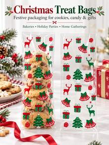 100pcs Christmas Gift With Festive Santa Reindeer Snowman Prints, Cute Holiday Treat Packaging For Christmas Parties, Candy, Cookies And Gifts - View 1