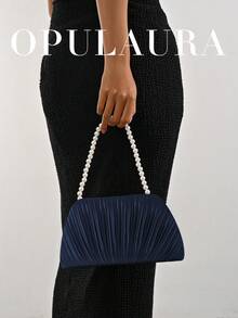 OpulAura 女款優雅人造珍珠手提包，緞面布料，浪漫婚禮包，精緻迷人的晚宴包，適合正式禮服，百褶設計細膩女包，適用於晚宴/舞會/生日派對/正式活動及其他場合，適合作為節日禮物 - 藏蓝色 - 查看 9