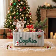 Christmas Corduroy Basket, Personalized Name Gift Basket, Custom Holiday Storage Bin, Kids Christmas Eve Box, Festive Toy Organizer - Multicolor - View 5