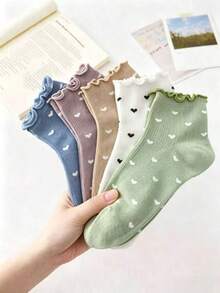 5/1 Pasang/Set Kaos Kaki Pendek Wanita Motif Hati & Pita dengan Hiasan Ruffle, Bernapas & Nyaman, Cocok untuk Semua Musim - MultiWarna - View 1