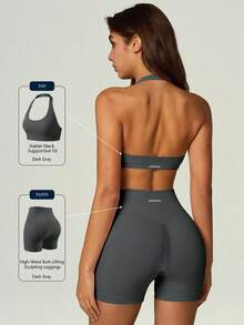 UONNOU 2Pcs Halter Sports Bra & High Waist Butt Lifting Biker Shorts, Women Stretch Yoga Workout Matching Set - Dark Grey - View 4