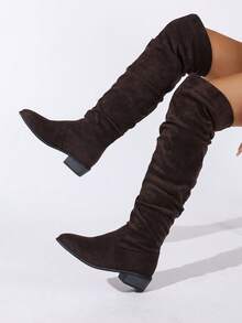 Women's Black Ruched Over-The-Knee Boots, Low Chunky Heel Slip-On Tall Boots, Pointed Toe Thigh-High Boots, Suitable For Autumn/Winter Daily Wear - Black - View 2