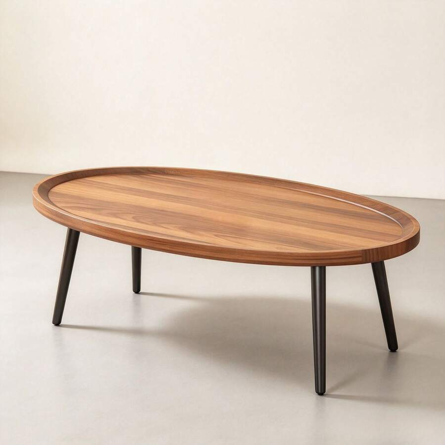 1 Pieza Mesa de Centro Ovalada de Madera Nogal, Estilo Moderno de mediados de siglo, Patas de Metal Negro, Diseño Bajo y Portátil, para Sala de Estar, Oficina en Casa y Recepción - Camel - Ver 1