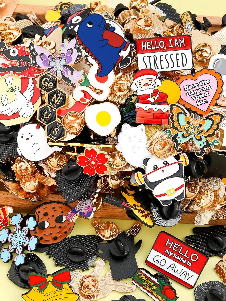 15/30/50/100pcs Random Mixed Brooch Set (Non-Repeating Styles), Alloy Metal Pin Badges, Multiple Craft Combinations, Various Styles, Designs, Colors, Patterns, Including Cute Cartoon Anime Character Hidden Styles, More Quantity More Styles, Shoe Bag Clothing Decoration Accessories, Collection, Student Rewards Or Perfect Small Gift Choice - Multicolor - View 1