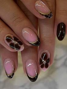 Fall, Autumn, Fall Nails/Medium-Short Almond Press-On Nails, Black & Brown Leopard Print French, 30pcs Glossy Nude Fake Nails, Gold Edge Tie Dye Floral, Reusable Full Coverage Design, Suitable For Office, Date And Party - Multicolor - View 7