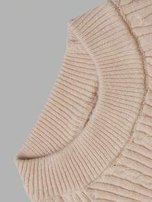 DONICY Women Beige Mock Neck Cable Knit Sweater Raglan Sleeve Metal Button Cuff Slim Pullover Top - Apricot - View 3