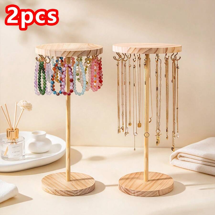2pcs 12/18 Hooks Wooden Jewelry Storage Rack, Necklace Earring Bracelet Ring Display Stand With Metal Hooks, Desktop Storage Tree, Suitable For Vanity, Bedside Table, Bedside, Bohemian Minimalist Home Decor, Perfect Gift For Women, Space-Saving - X-32 - View 1