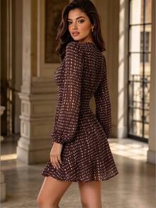 Da Jade Women's Elegant Deep V-Neck A-Line Short Dress, Long Sleeve Casual Party Ruffle Woven Dress, Suitable For Autumn - Burgundy - View 3
