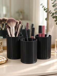 3/1pc Luxury Vertical Stripe Makeup Brush Holder, Black Desktop Multi-Function Pen Holder, Bathroom Toothbrush & Toothpaste Storage Rack, Vanity Makeup & Hair Tool Storage Bucket, Cosmetic Storage Box, Perfect Choice For Makeup Lovers, Home Decor Item - Black - View 2