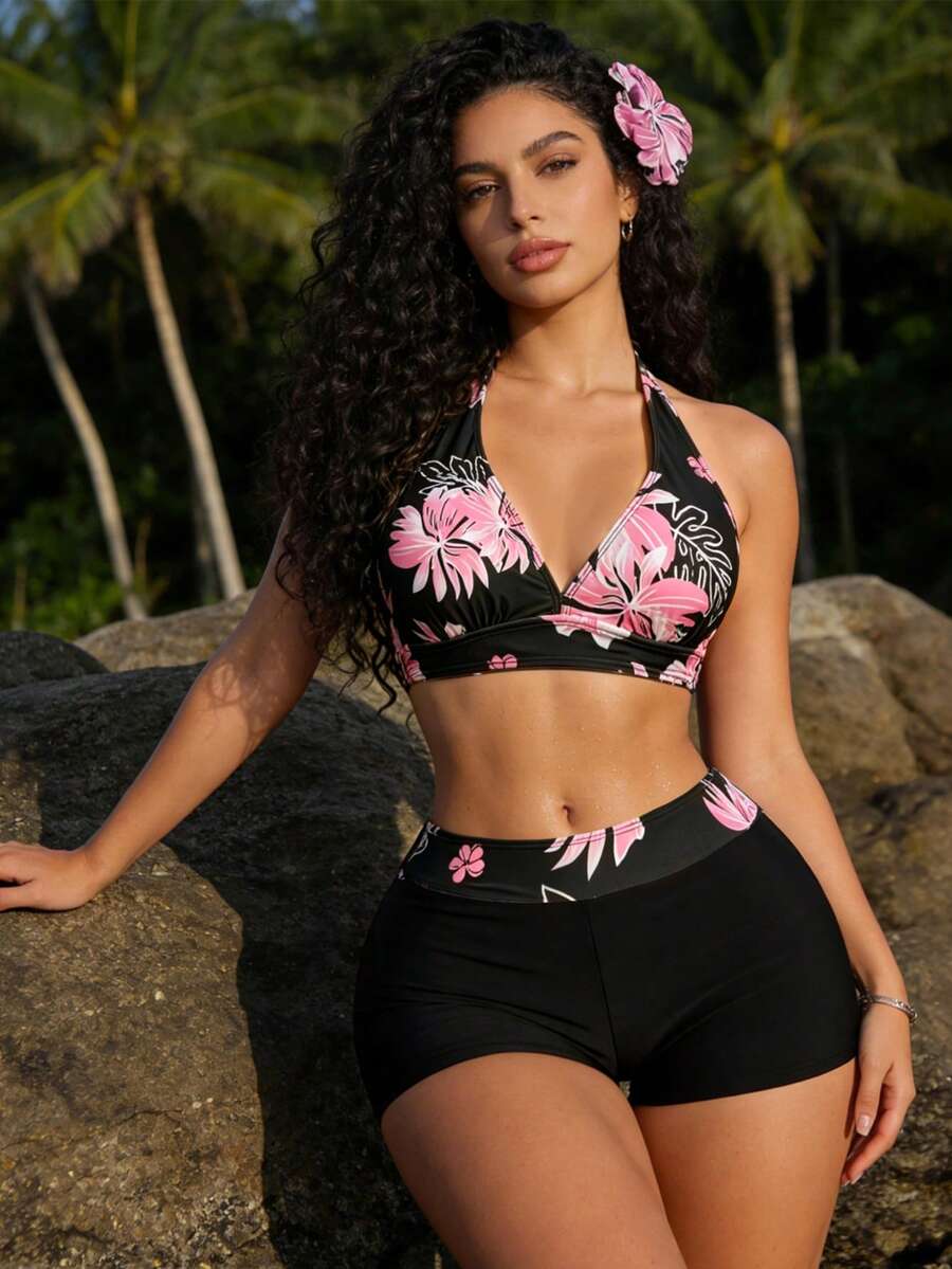 Atutua 女款花卉印花休閒優雅露背綁結比基尼套裝,適合海灘度假粉色假期夏季 - 粉色 - 查看 1
