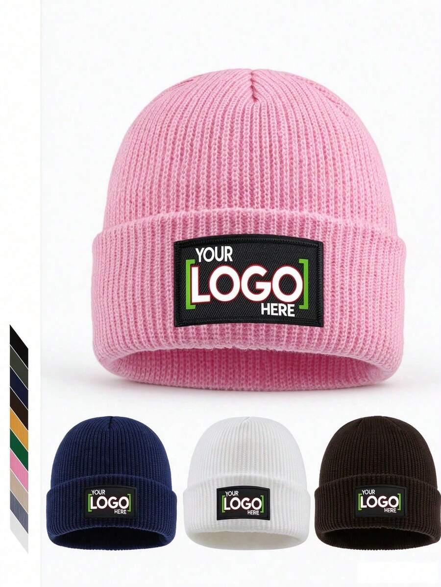 Customizable Text/Logo Knit Beanie, Unisex, Soft Acrylic Material, Foldable Design, Suitable For Outdoor Activities And Daily Wear, Autumn/Winter, Forest Tones, Gorpcore, Y2K Style, Streetwear, Skull Cap, Embroidered - Multicolor - View 1